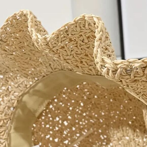 So Cute! Foldable Ruffled Bow Straw Sun Bucket Hat Elegant French Style Beach - Picture 6 of 7